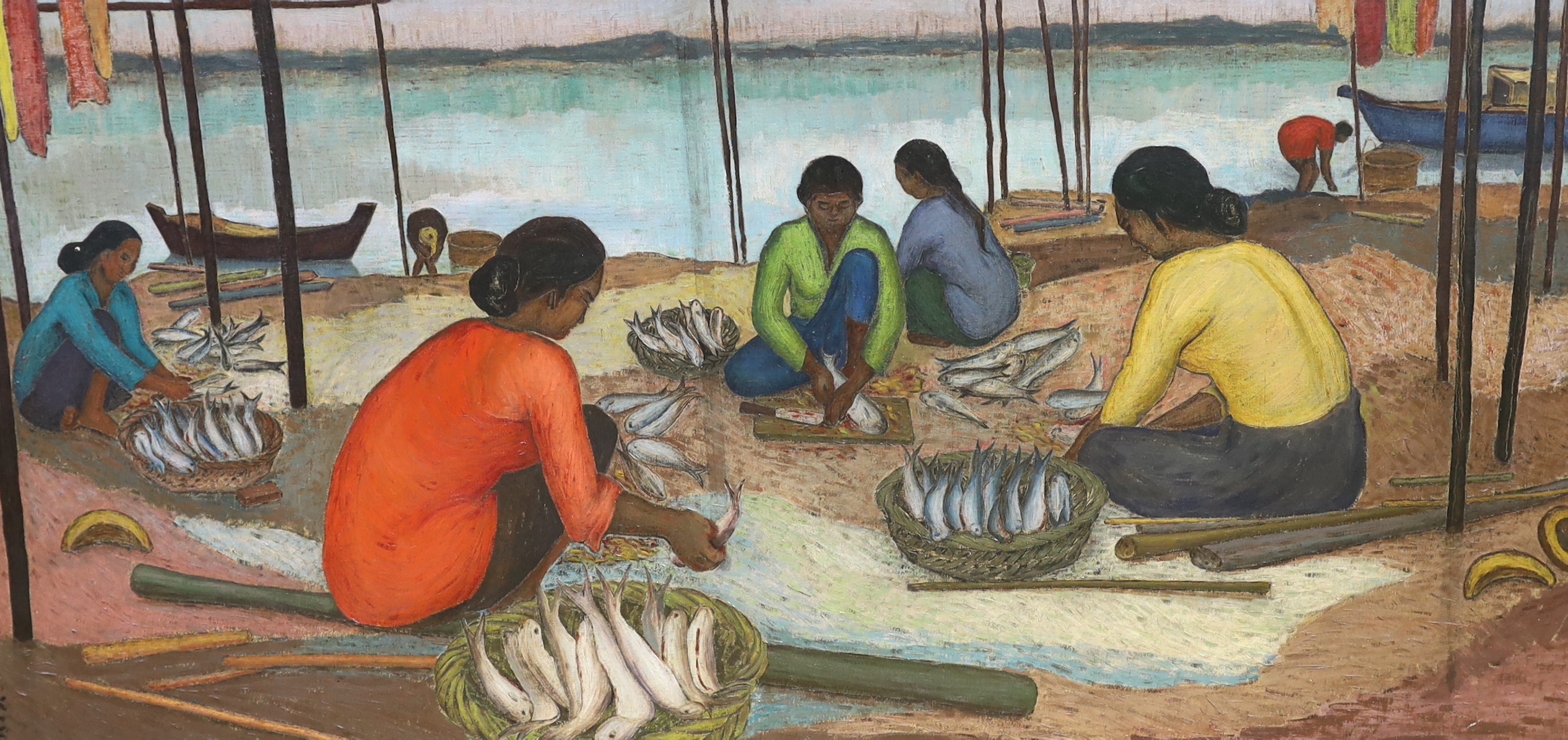 Singaporean School, oil on canvas, Malaysian fisherfolk, initialled KC and dated ‘60, 160cm x 76cm unframed